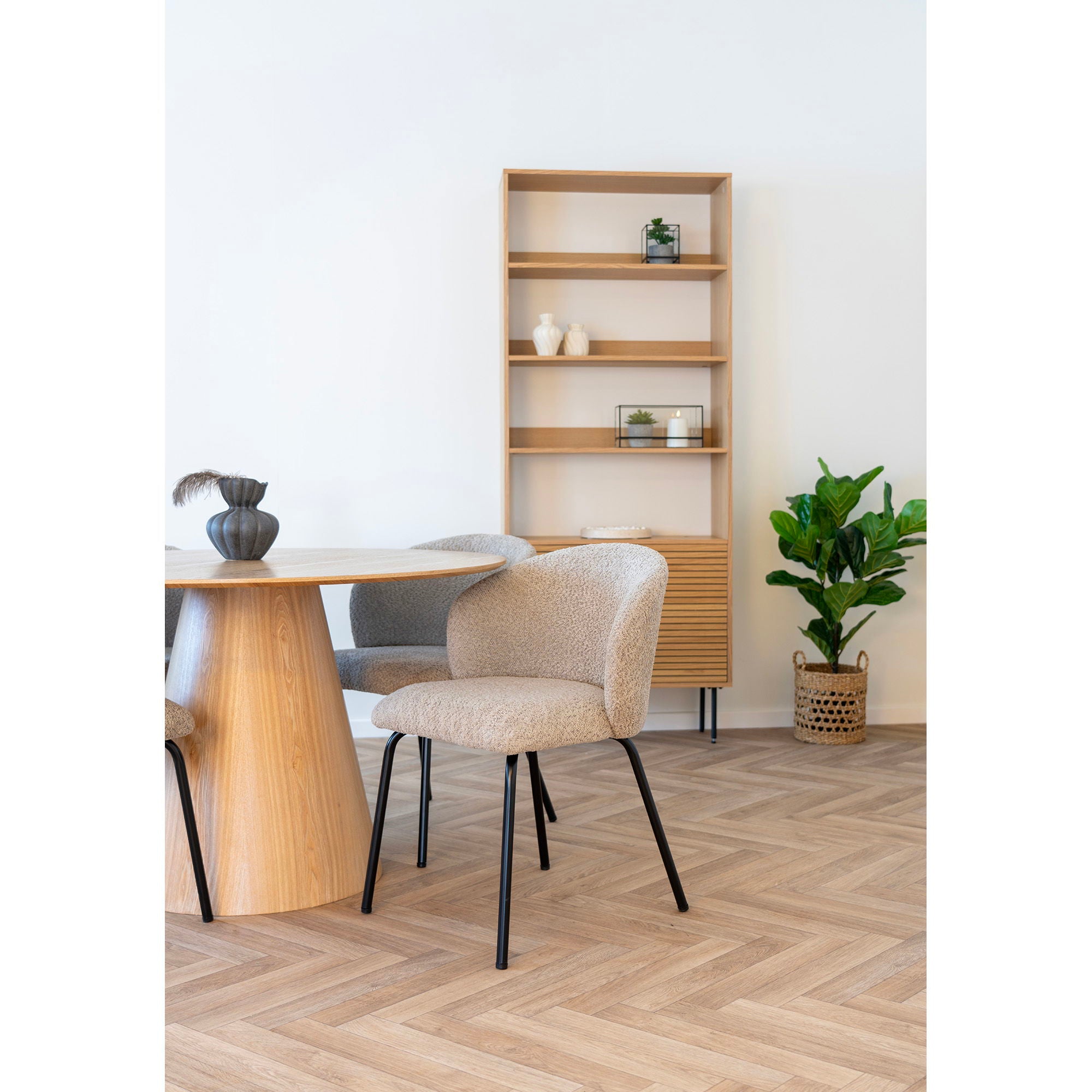 Eetkamerstoel, beige bouclé met zwarte poten, HN1266 (set van 2)