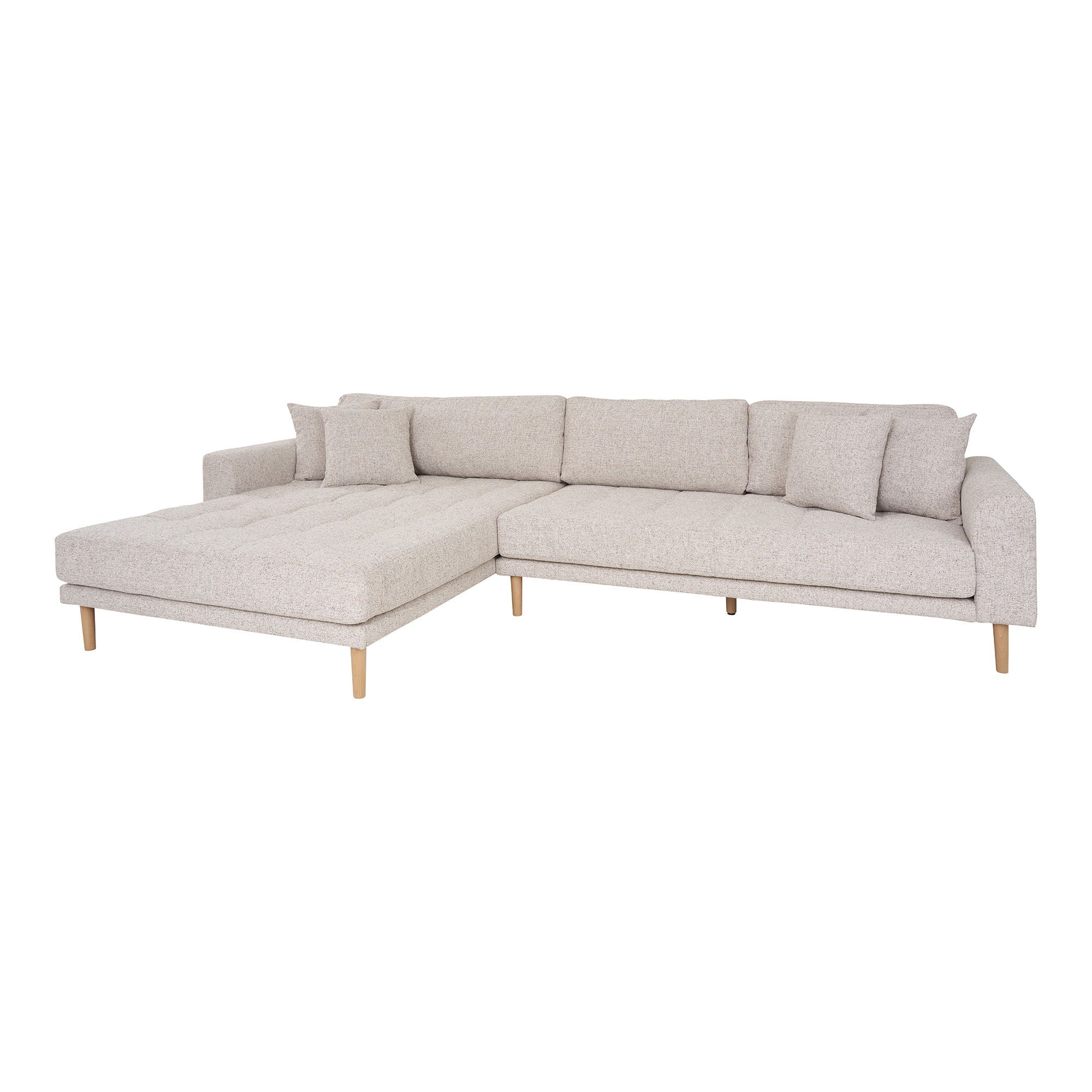 Lido Lounge Sofa - Lounge Sofa, left facing in beige heathered with four pillows and natural wood legs, HN1015<br>&nbsp;