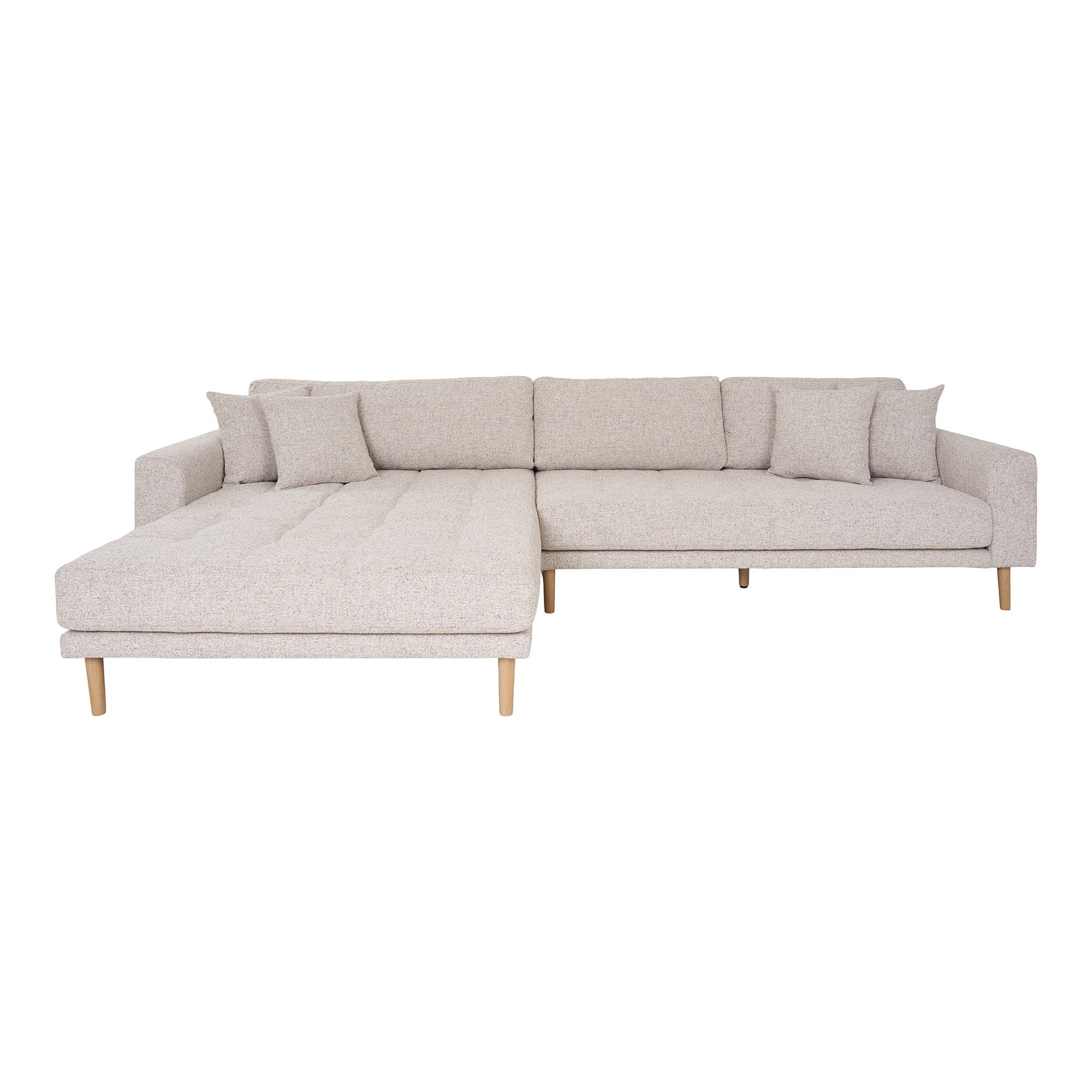 Lido Lounge Sofa - Lounge Sofa, left facing in beige heathered with four pillows and natural wood legs, HN1015<br>&nbsp;