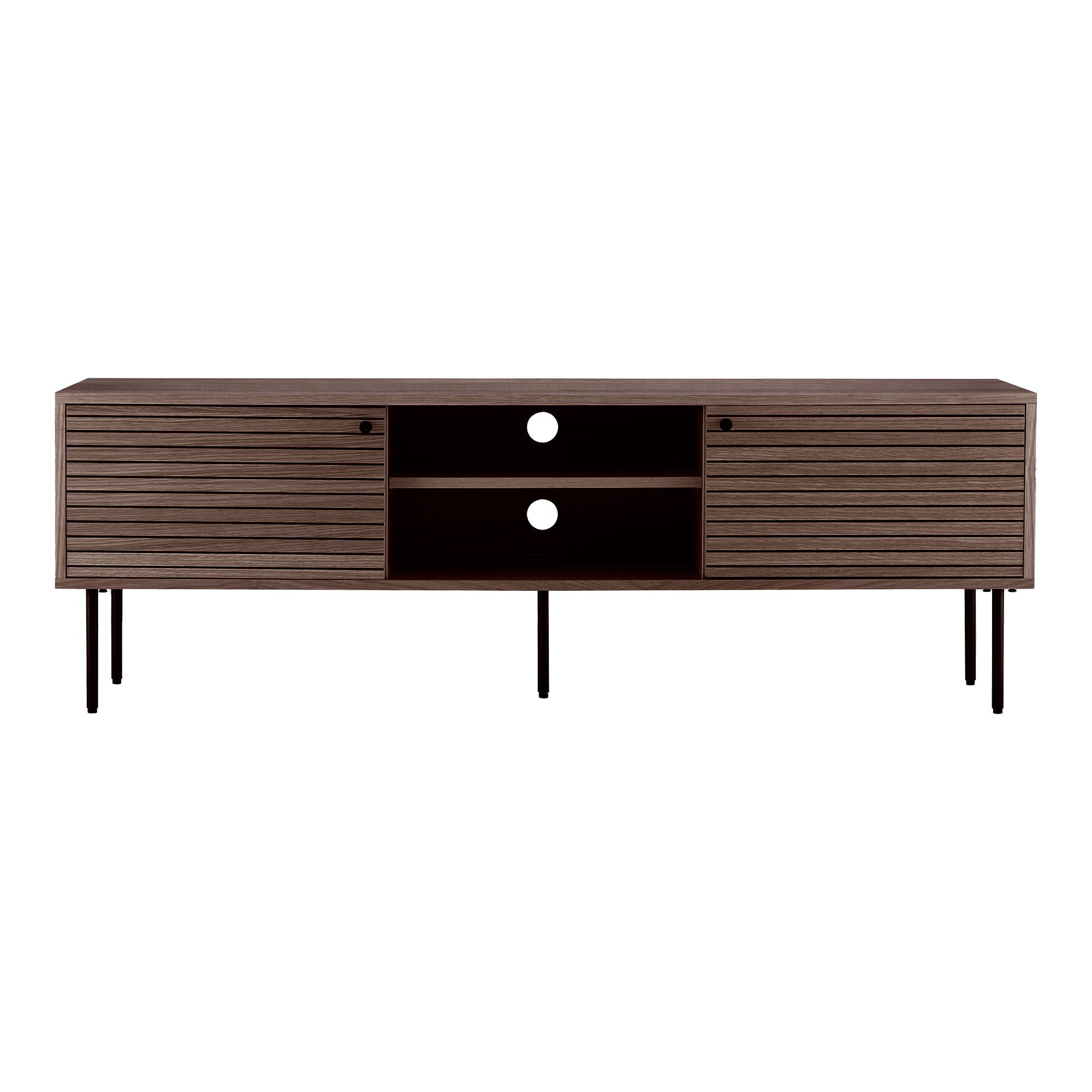 Kyoto TV-bench - TV-bench, 2 doors, 2 shelves, oak veneer, smoked, black metal legs 150x40x50 cm