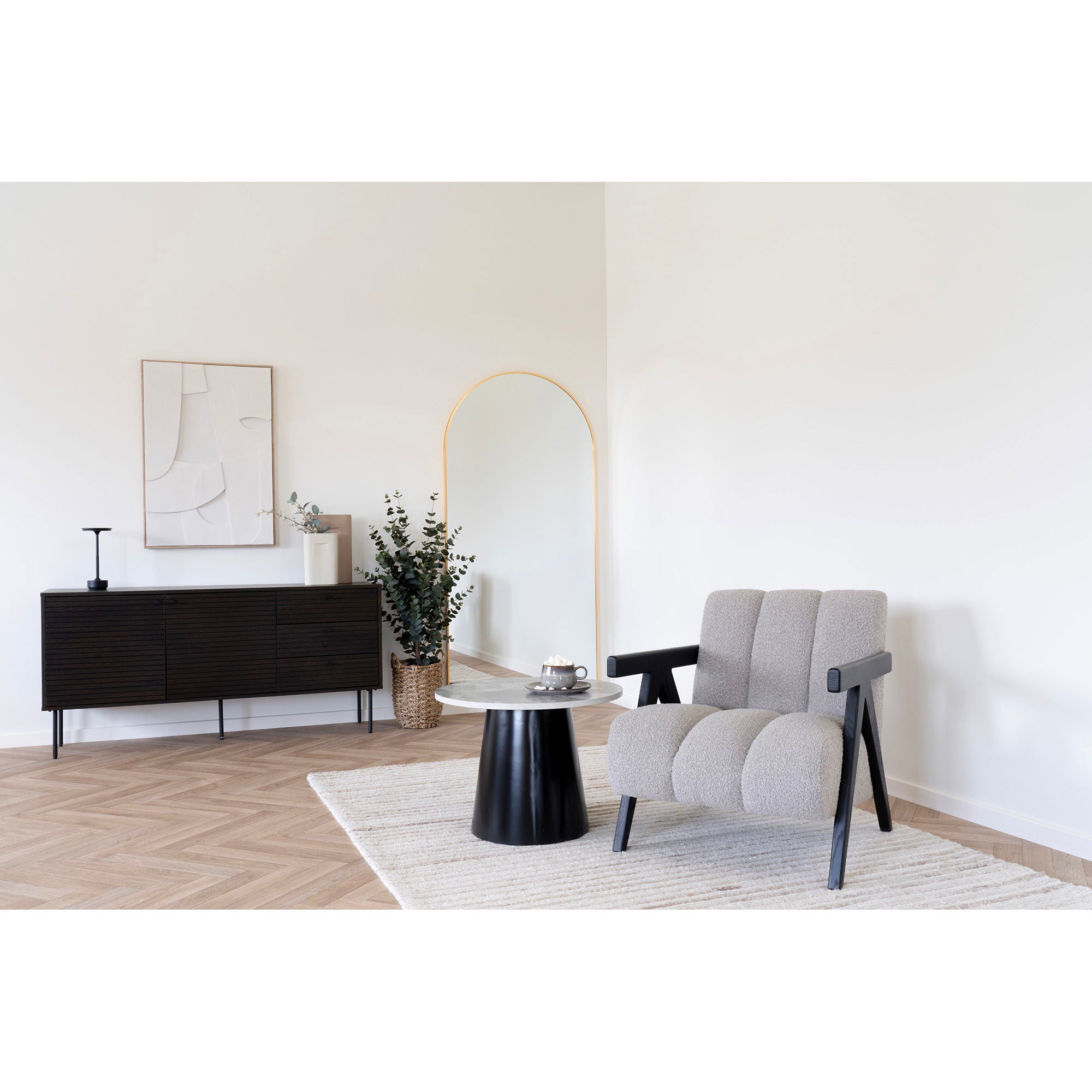 Kyoto Sideboard - Sideboard, 3 drawers, 2 doors, oak veneer, smoked, black metal legs&lt;br /&gt;150x40x74 cm