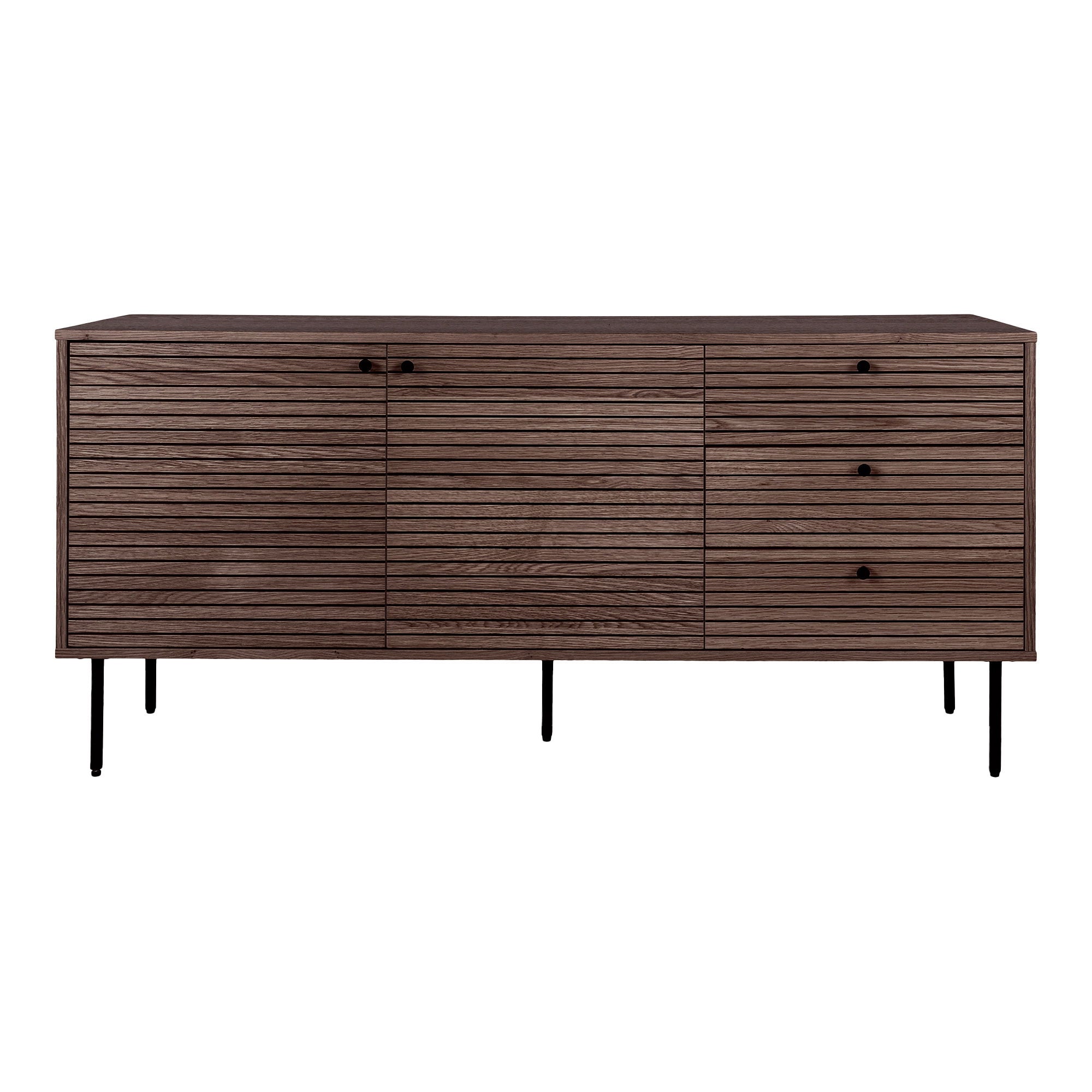 Kyoto Sideboard - Sideboard, 3 drawers, 2 doors, oak veneer, smoked, black metal legs<br />150x40x74 cm