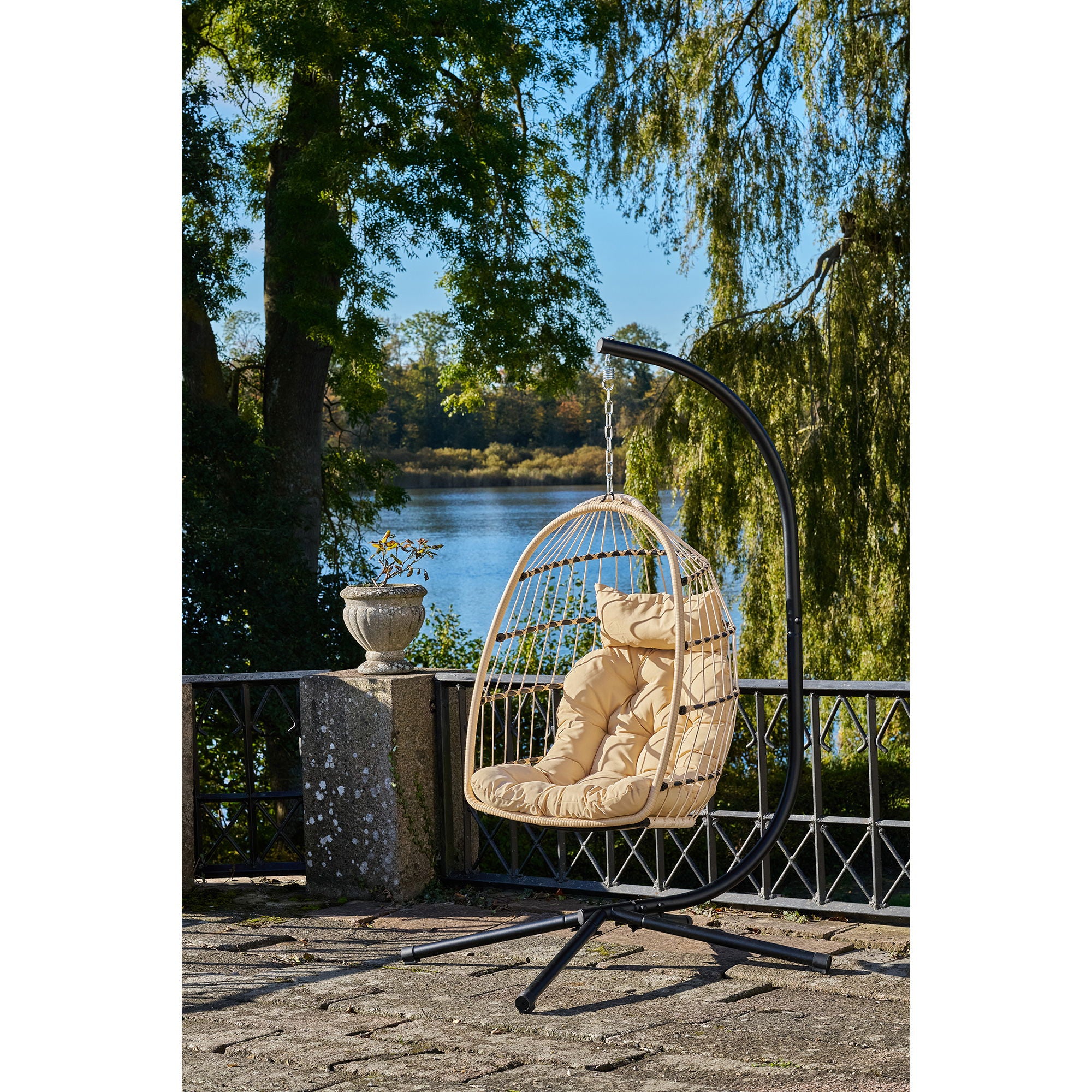 Patras Hanging Chair - Hanging chair, steel stand, foldable seat, incl.cushions, natural/black195x117x107 cm