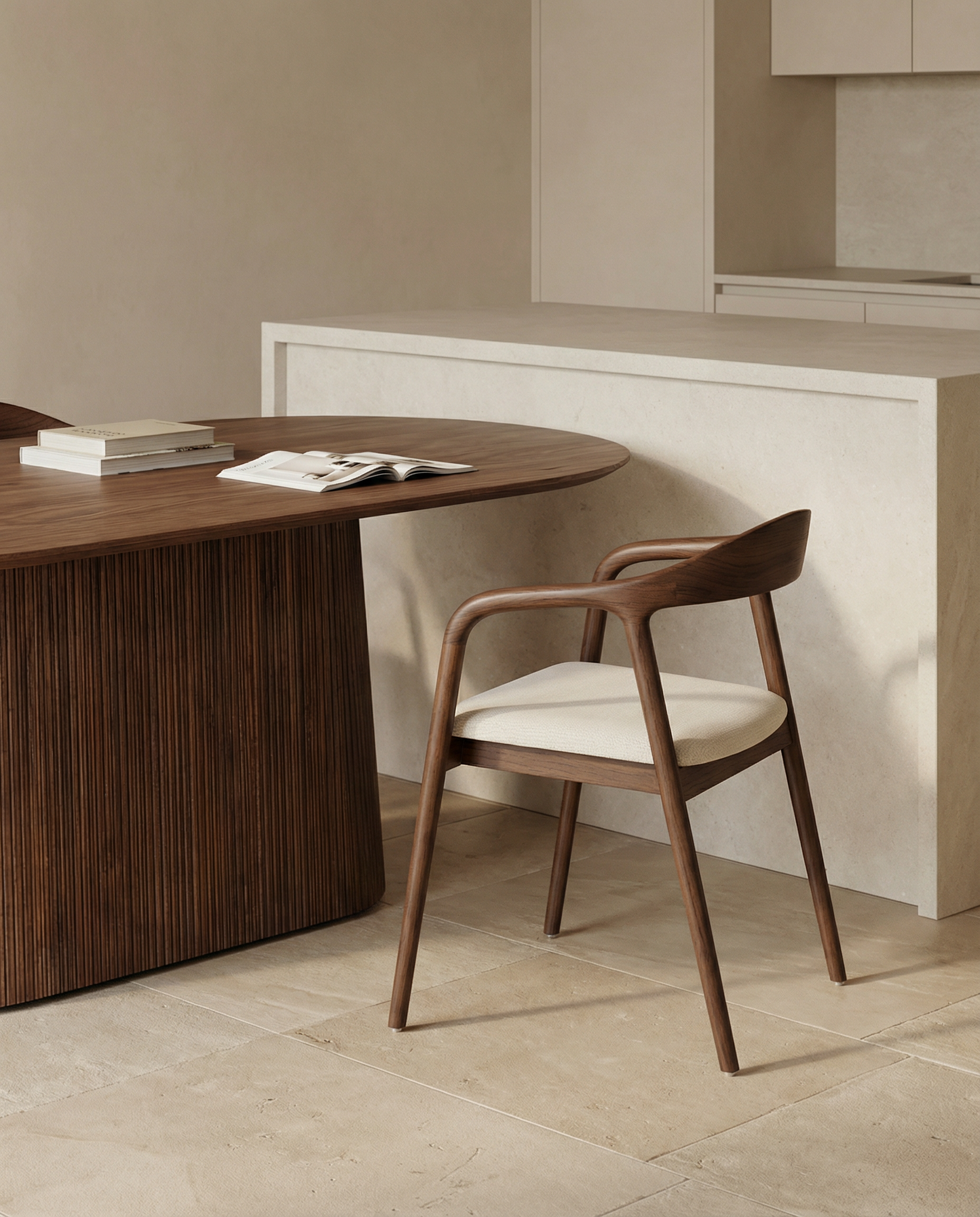 Japandi Essenhouten Stoel Walnut Beige