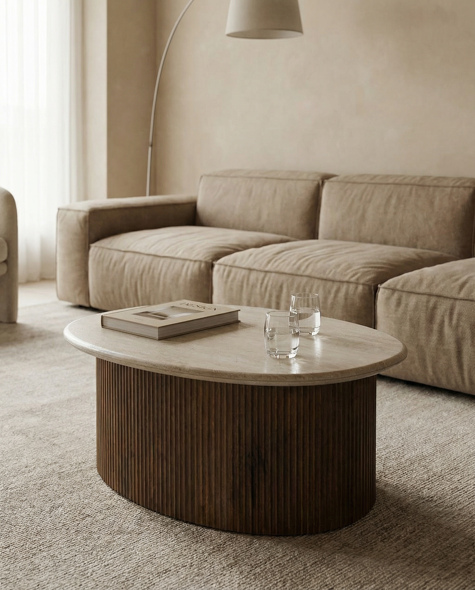 Louis Salontafel – Mango Hout & Travertin – Beige – Ø90 x H38 cm