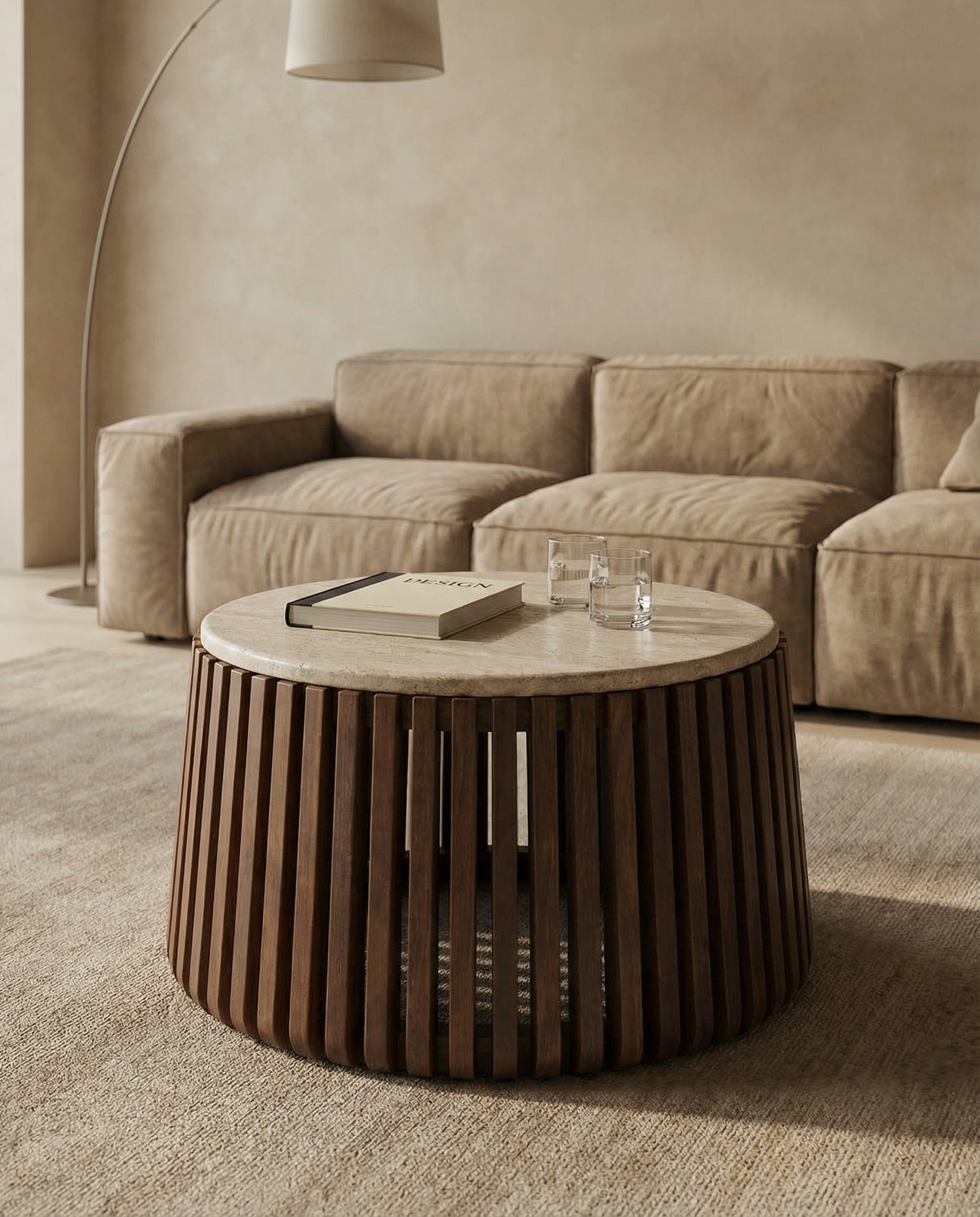 Luuk Salontafel – Mango Hout & Travertin – Beige – Ø70 x H40 cm