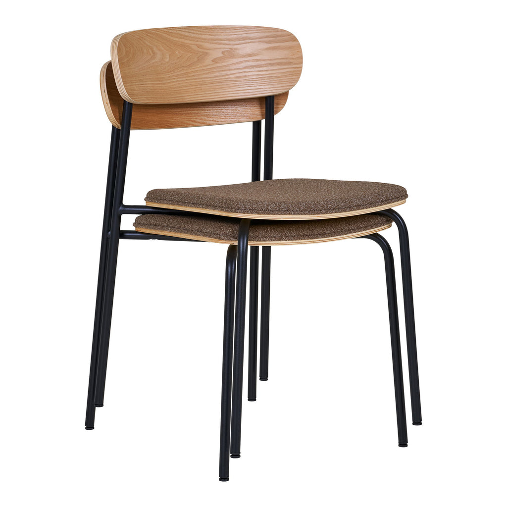 Eetkamerstoel, rugleuning van essenhout, bruine zitting met zwarte poten, HN1269 (set van 2)