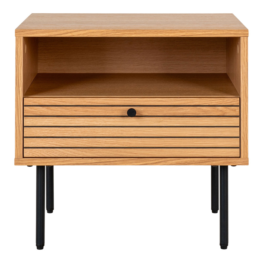 Kyoto Side Table - Side table, oak veneer, black metal legs, 1 drawer 50x40x50 cm