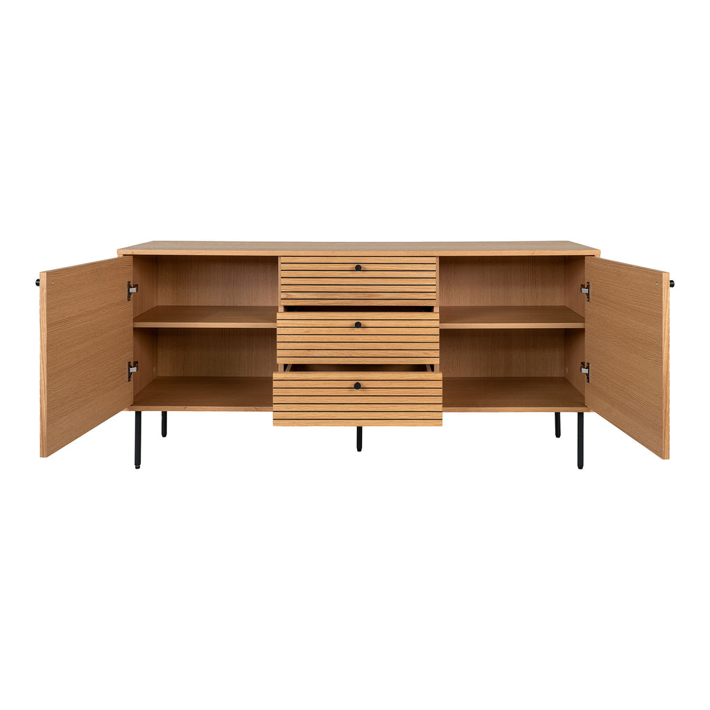 Kyoto Sideboard - Sideboard, oak veneer, black metal legs, 3 drawers and 2 doors , 150x40x74 cm