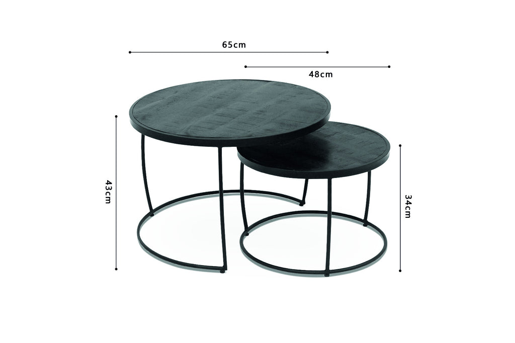 Rousseau Lars Salontafel – 2-delig Mango Hout & Metaal – Zwart – Ø65 x H43 cm