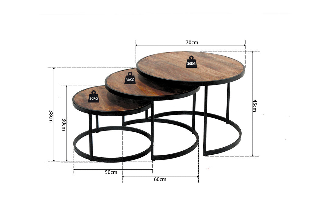 Rousseau Lennox Salontafel – 3-delig Mango Hout – Zwart – Ø65/50/40 x H45/40/35 cm