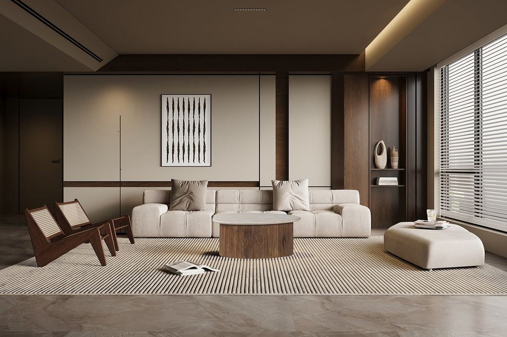 Rousseau Louis Salontafel – Mango Hout & Travertin – Beige – Ø90 x H38 cm