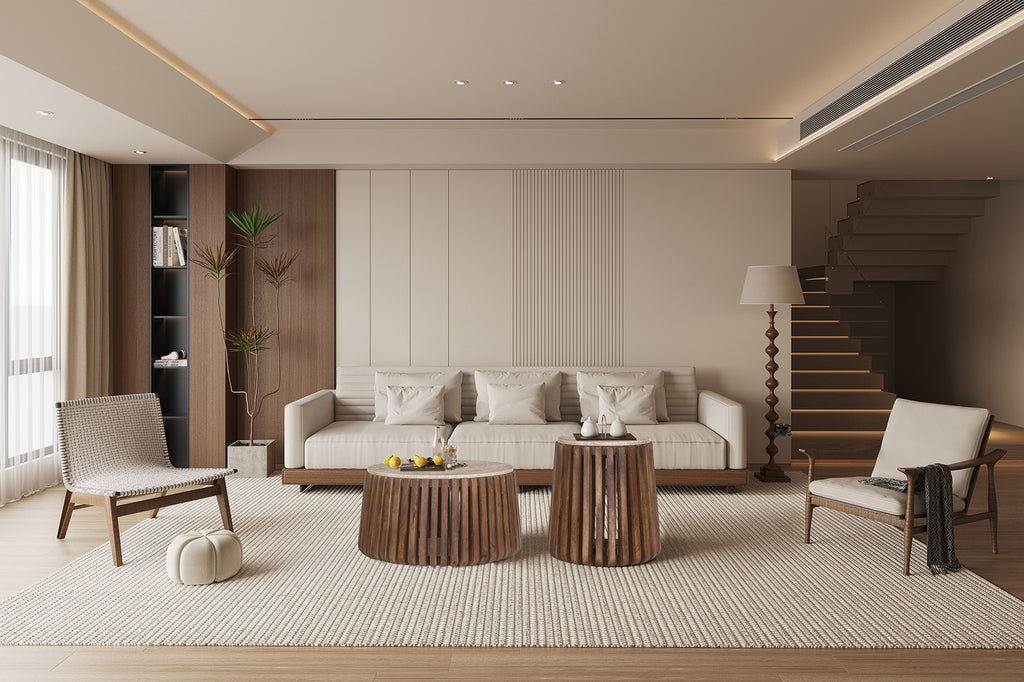 Rousseau Luuk Salontafel – Mango Hout & Travertin – Beige – Ø70 x H40 cm