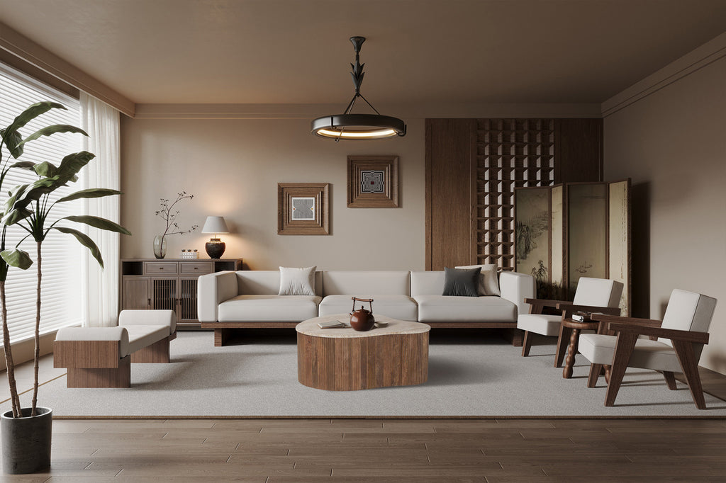 Rousseau Paul Salontafel – Mangohout & Travertin – Beige – L83 x B72 x H34 cm